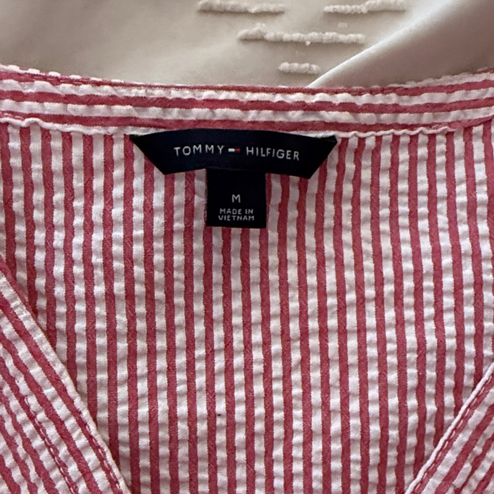 Red and White Seersucker Tommy Hilfiger Wrap Dress - Picture 2 of 7